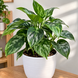 Tanaman Hias Daun Variegata Indoor dengan Pot Putih Minimalis